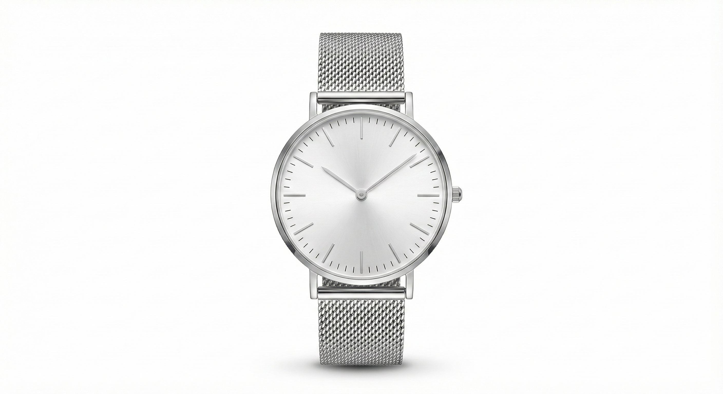 A silver watch with a mesh band displayed on a clean white background.