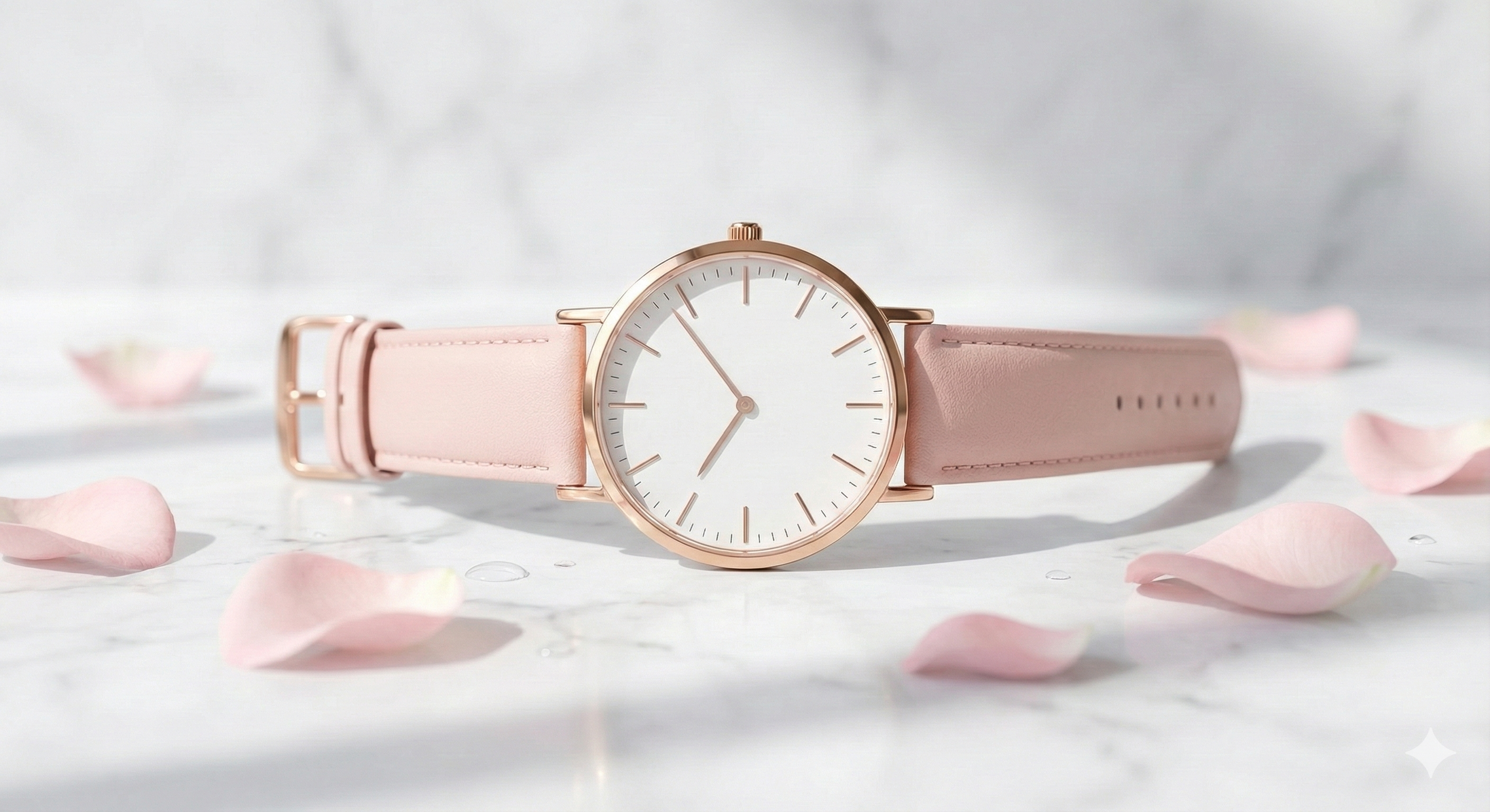 A minimalist watch with a white face, rose gold accents, and a pink leather strap is placed on a marble surface, surrounded by soft pink rose petals.